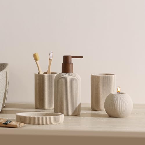 5-Piece Bathroom Accessory Set, Sandstone-Look Resin Bath Organizer