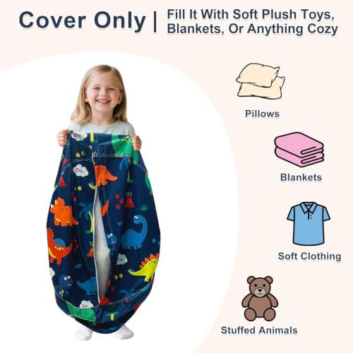 Lukeight Dinosaur Stuffed Animal Storage Bean Bag Chair Cover for Kids, 27" Large Velvet Plush Seat, Side Pocket, No Filler