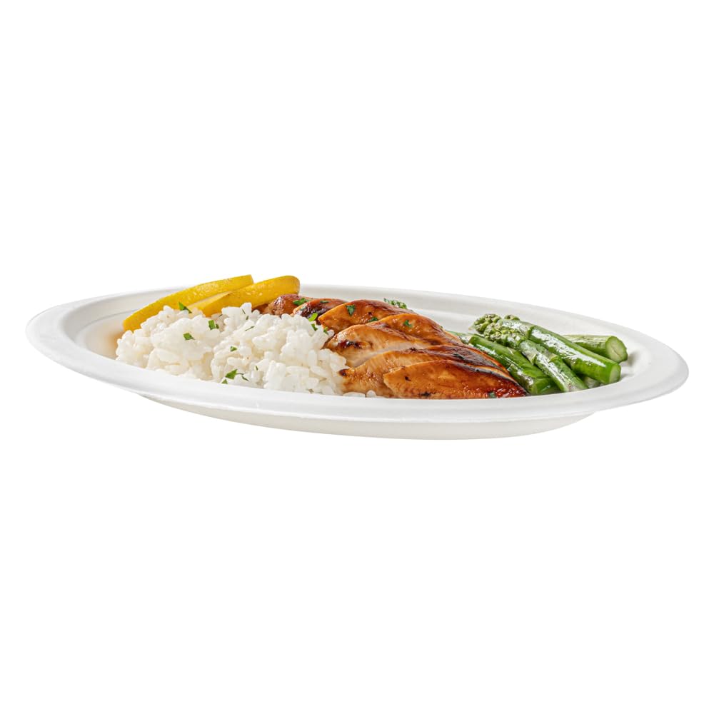 Restaurantware Pulp Safe No PFAS Added 10.4 x 7.8 Inch Medium Oval Plates 100 Disposable Plates - Home Compostable Microwavable And Freezable White Bagasse Plates For Hot And Cold Foods