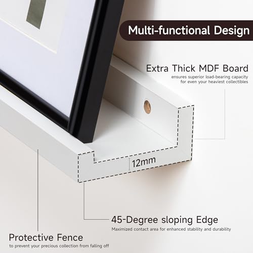 16-Inch White Floating Picture Ledge Shelves, Set of 2 Solid Wood Wall Shelves