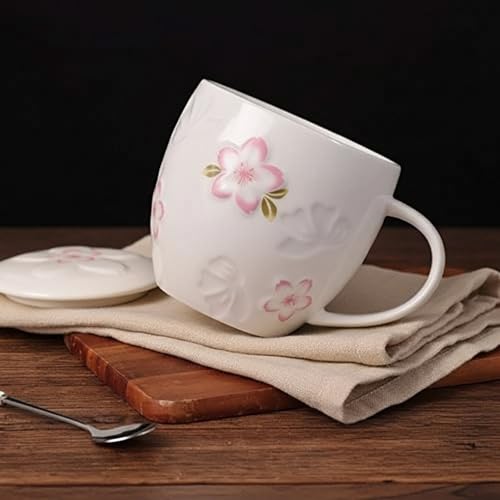 White 13oz Kawaii Tea Cup with Lid & Spoon - Cherry Blossom Mug, Handmade Ceramic Gift