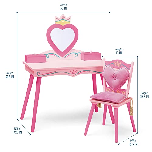 Kids Wooden Vanity and Chair Set with Mirror and Jewelry Storage - Pink