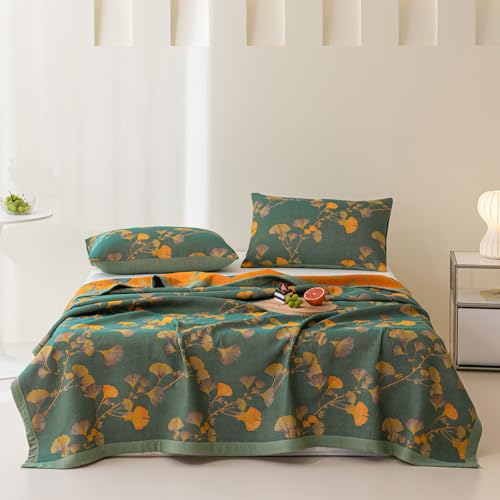 100% Cotton Jacquard Quilt - Floral Ginkgo Leaves Print, Reversible Bedspread for Full/Queen Beds (78"x94")