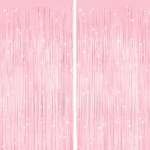 Pastel Pink Foil Fringe Curtains 2 Pack - Self-Adhesive Tinsel Backdrop