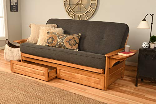 Full Size Wooden Futon Sofa Bed with Storage Drawers and Charcoal Mattress