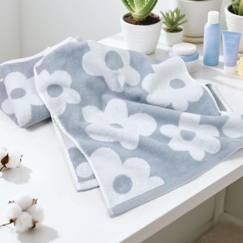 Floral Hand Towels, Dusty Blue Daisy Cotton Decorative Towel Set (2 Pack)