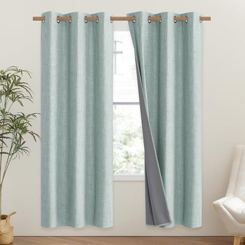 100% Blackout Linen Curtains, Seafoam Green, 42" x 72", Energy Saving, 2 Panels