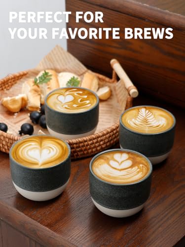 KERMANDO Matte Black 4oz Ceramic Espresso Cups Set of 4 | Demitasse Coffee Mugs