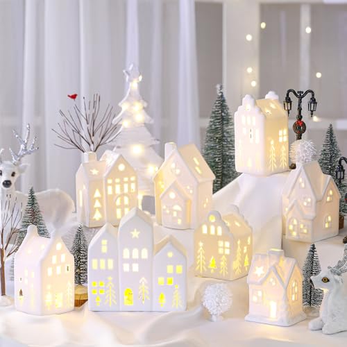 26-Piece White Ceramic Christmas Village Set with Light Up LED Houses