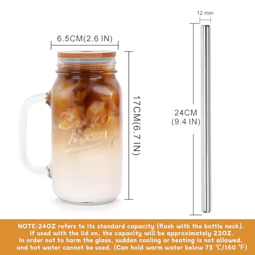 24 oz Mason Jar Glass Tumbler with Bamboo Lid and Stainless Steel Straw