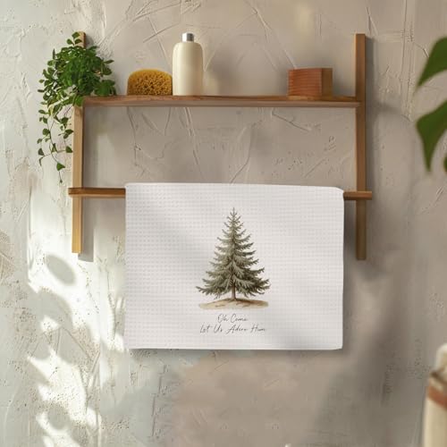 Vintage Tree Christmas Kitchen Towels 16x24in - Let Us Adore Him Xmas Dish Towel (Variation: Vintage Tree) by OINDADE
