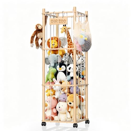 3-Tier Wooden Stuffed Animal Storage Organizer with Wheels, Mobile Toy Zoo