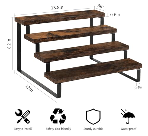 4-Tier Wooden Display Riser Stand, Rustic Countertop Organizer Shelf