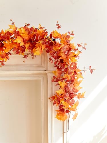 MISSPIN Eucalyptus Maple Leaf Garland - 9ft Fall Leaves Decor for Thanksgiving & Christmas
