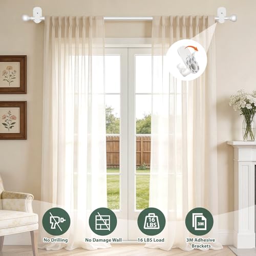 Adjustable No-Drill Curtain Rod 32-58 Inch, Adhesive Renter-Friendly Rod
