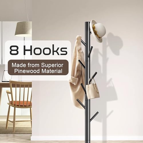 Wooden Coat Rack Stand with 8 Hooks - Adjustable Freestanding Coat Tree for Entryway, Bedroom, Office