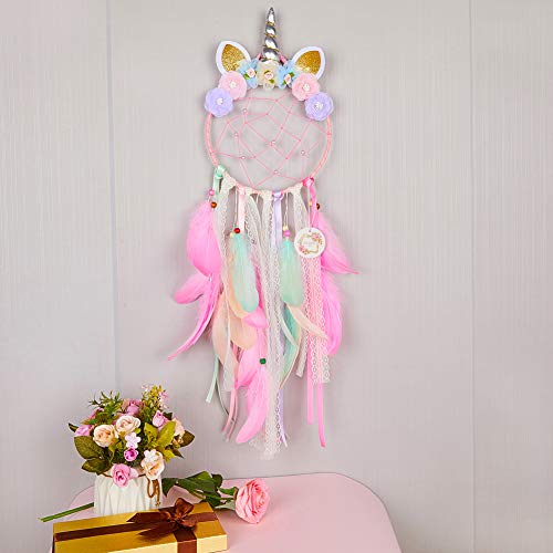 Unicorn Dream Catcher Wall Decor for Kids Bedroom with Feathers and Pearls