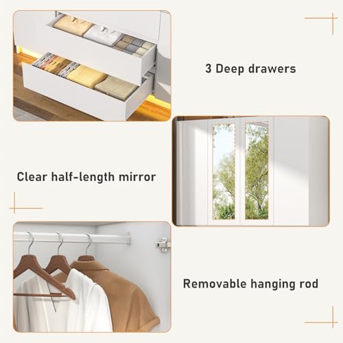Modern 4-Door Wooden Wardrobe Armoire with Mirror, Drawers & RGB LED Lights