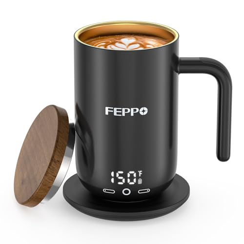 FEPPO Black 16oz Heated Coffee Mug Warmer with Titanium Coating & Digital Display