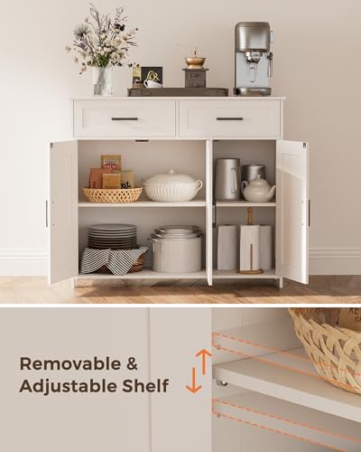 Farmhouse Coffee Bar Cabinet with Drawers and Adjustable Shelves, White