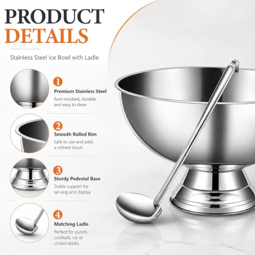 3-Gallon Stainless Steel Punch Bowl with Ladle and Footed Base