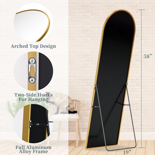Arched Full Body Mirror with Stand - 58" x 19" Gold Aluminum Frame Floor Mirror