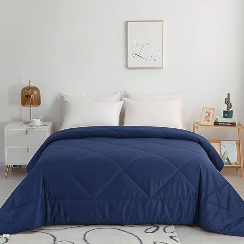Lightweight Reversible Twin Comforter - 100% Cotton, All Seasons, Navy Blue