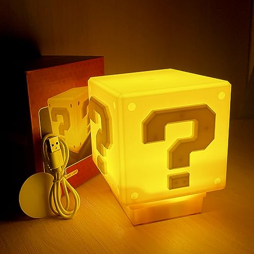 Question Block LED Night Light with Sound Effects, Rechargeable Desk Lamp