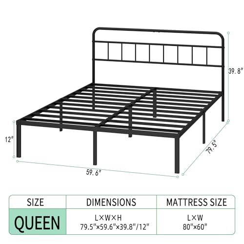 Queen Size Metal Bed Frame with Classic Headboard and Under-Bed Storage