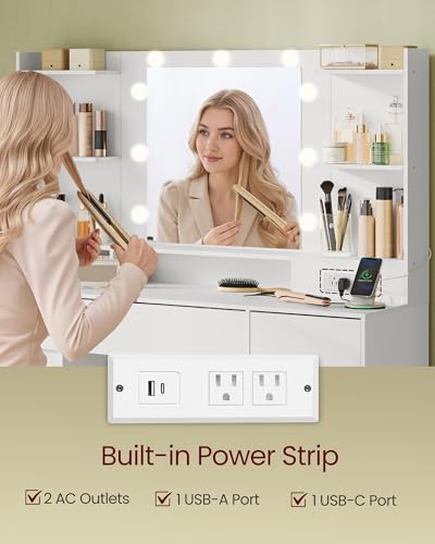Modern Makeup Vanity Desk with Mirror, 9 LED Bulbs, and 9 Drawers