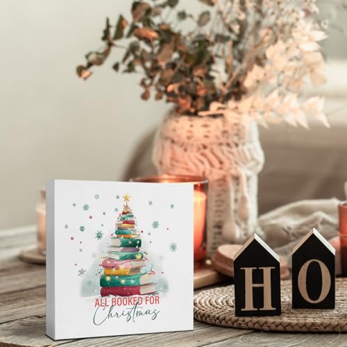 Christmas Tree Bookish Wooden Desk Sign - All Booked for Christmas Gift, 5x5 Inch