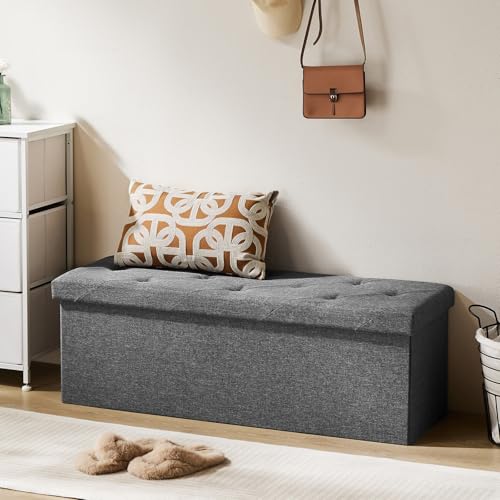 43-Inch Folding Storage Ottoman Bench with Padded Linen Seat - Grey