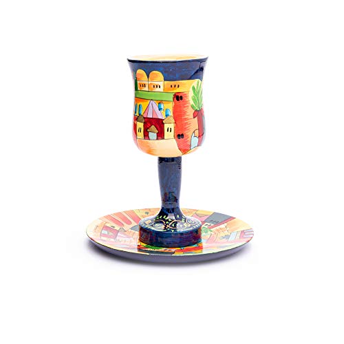 Hand-Painted Jerusalem Scene Wooden Kiddush Cup and Saucer Set
