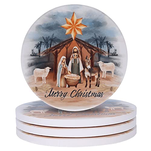 Christmas Ceramic Coasters Set of 4 with Nativity Scene & Merry Christmas Design