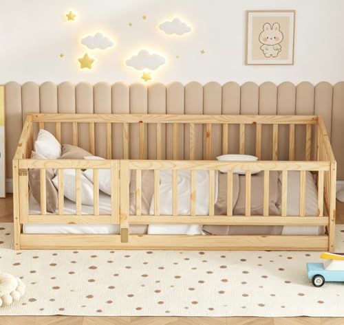 Twin Size Montessori Floor Bed with Safety Rails and Door, Pine Wood