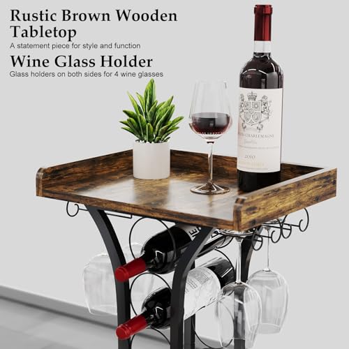 Freestanding Wine Rack Table with Glass Holder, 14-Bottle Liquor Storage