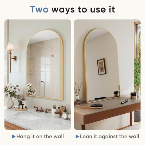 20x30 Inch Arched Wall Mirror, Gold Metal Frame Bathroom Vanity Mirror