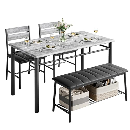 4-Piece Dining Table Set with Upholstered Bench and 2 Chairs, Gray