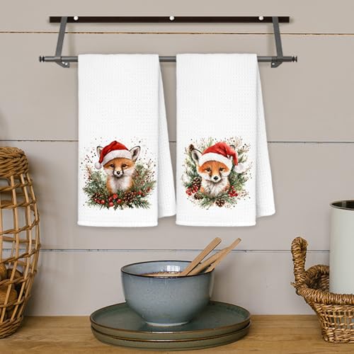 JINYO Christmas Fox Kitchen Towels - Fox Lover Holiday Decorative Hand Towels, 16x24 Inch Set of 2