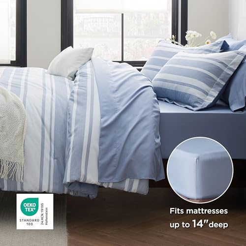 Queen Comforter Set 7 Pieces - Blue Striped Bedding for All Seasons