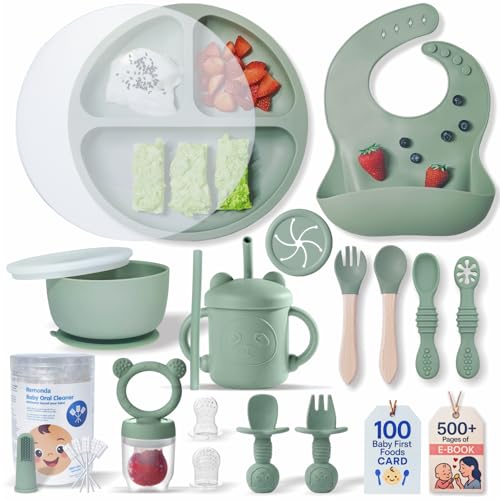 23-Piece Silicone Baby Feeding Set with Suction Plates and Spoons, Green