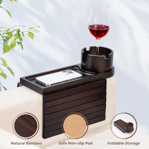 Foldable Bamboo Couch Arm Tray with 360° Rotating Cup Holder & Phone Stand