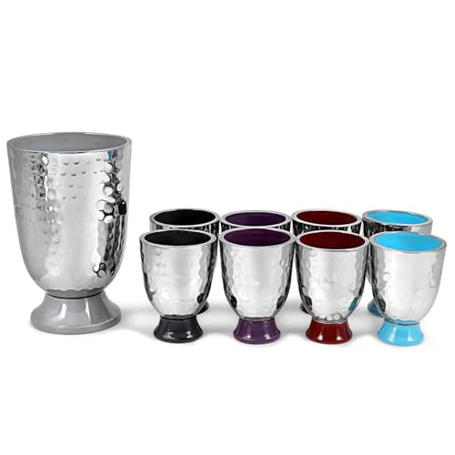 Hammered Metal Kiddush Wine Fountain Set with 8 Cups for Shabbat & Holidays
