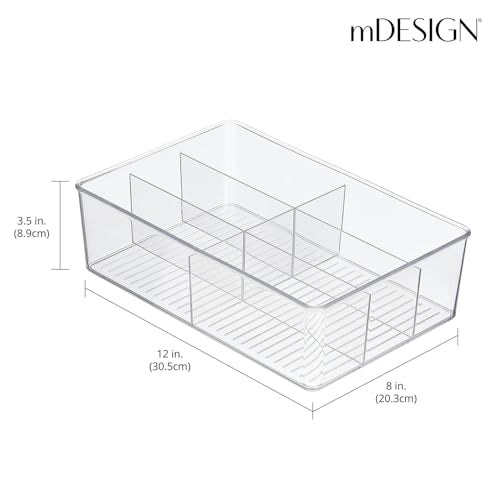 mDesign Plastic Kitchen Cabinet Storage Organizer Bin Box - 6 Divided Sections for Pantry Shelves, Countertops, Island, or Cupboard - Holds Snacks, Tea Bags, Spices, Sauces, Ligne Collection, Clear