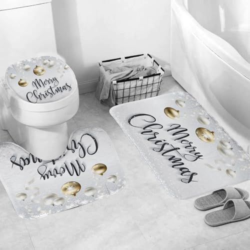 Onalasyc Christmas Bathroom Set with Gold Shower Curtain and Rugs - Festive Home Decor