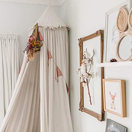 Kids Soft Cotton Bed Canopy with Frills - Hanging Reading Nook Tent (Beige)