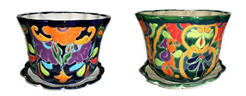 Talavera 8-inch Hand-Painted Decorative Pot with Saucer - Indoor & Outdoor