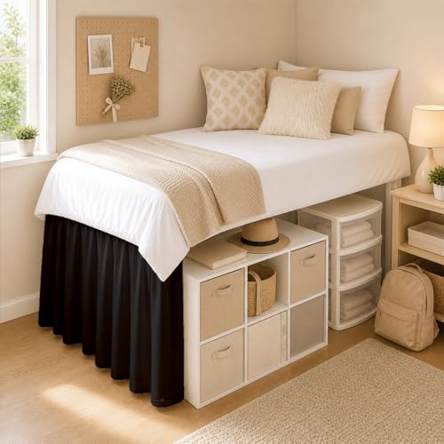 Twin XL Ruffled Bed Skirt with 36 Inch Drop - Black Microfiber Dorm Skirt