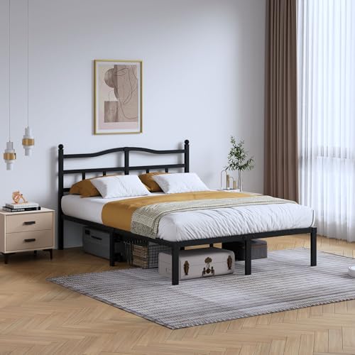 Queen Size 14-Inch Metal Platform Bed Frame with Headboard, Heavy Duty
