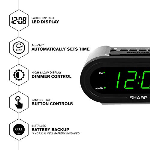 Self-Setting Digital Alarm Clock with Large Green LED Display & Battery Backup